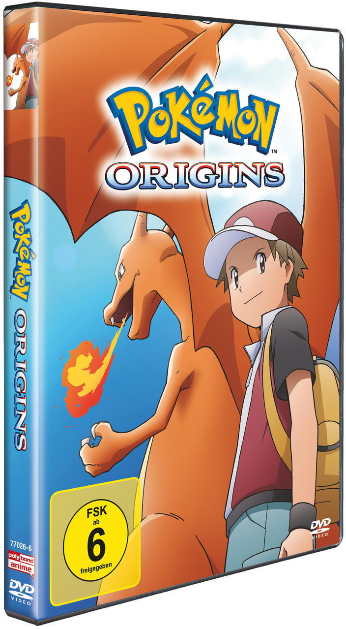 DVD-Box für Pokémon Origins. Es zeigt Glurak und eine Figur mit einem Pokéball.
