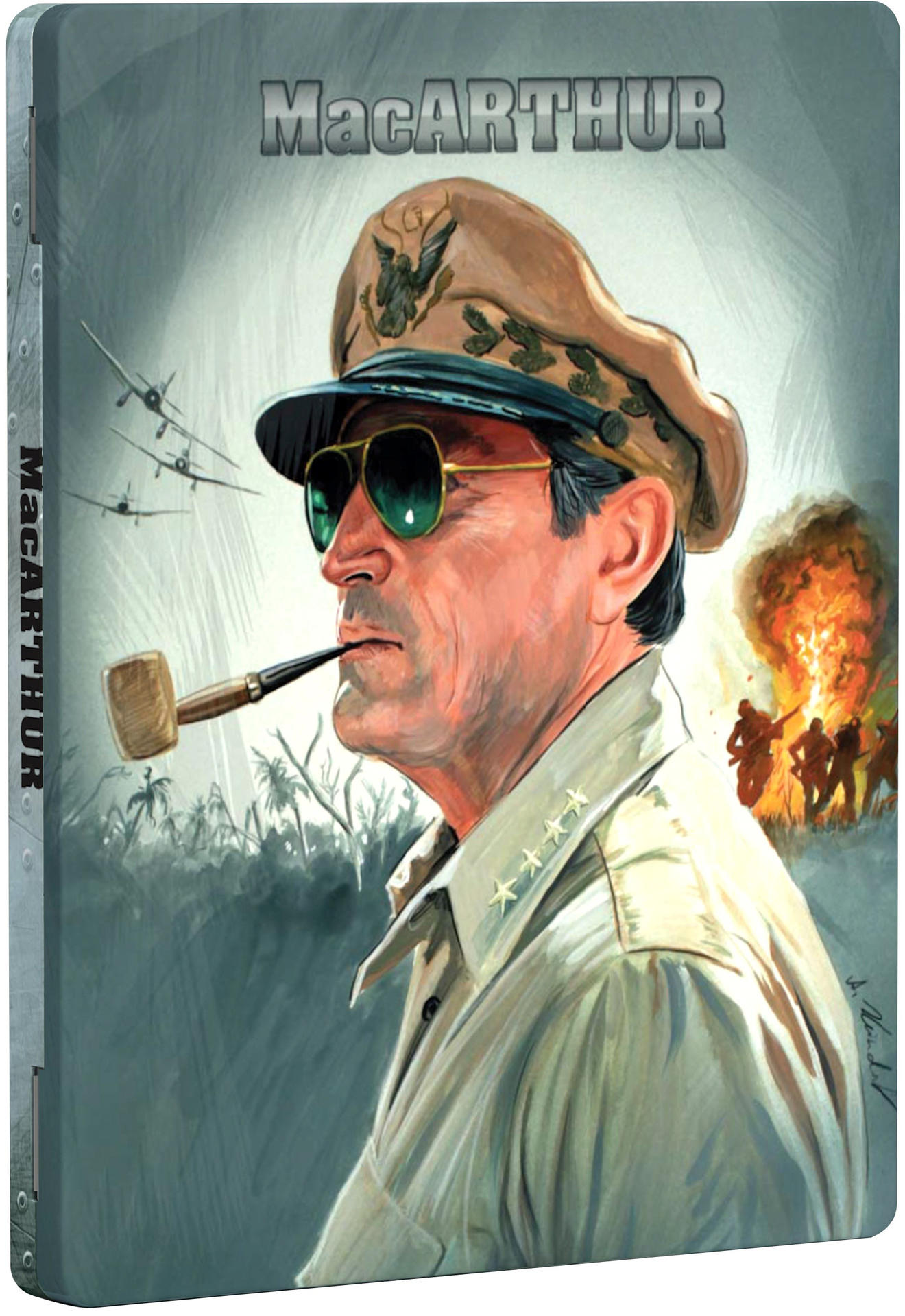 Filmposter von 'MacArthur'. Porträt des Generals mit Pfeife, Hut und Sonnenbrille.