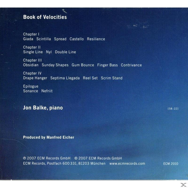 Egy könyvborító fejezetcímek és nevek listájával, 'Jon Balke, piano' és a kreditekkel.