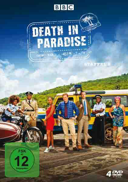 DVD-Cover: eine Gruppe von Leuten, ein Polizeiauto und der Titel 'Death in Paradise'.
