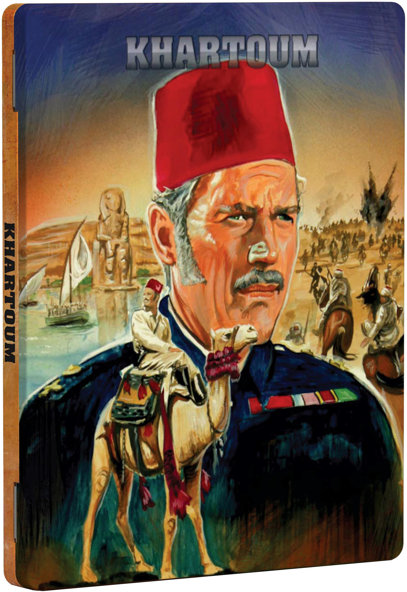 Filmposter von Khartoum, Mann in Uniform auf Kamel, andere Figuren.