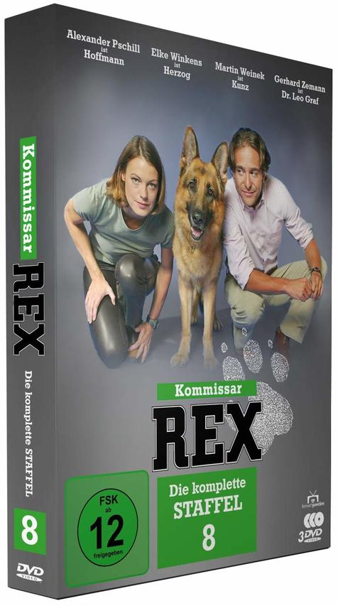 DVD-Box für Kommissar Rex mit Schauspielern und Hund, auf grauem Hintergrund.