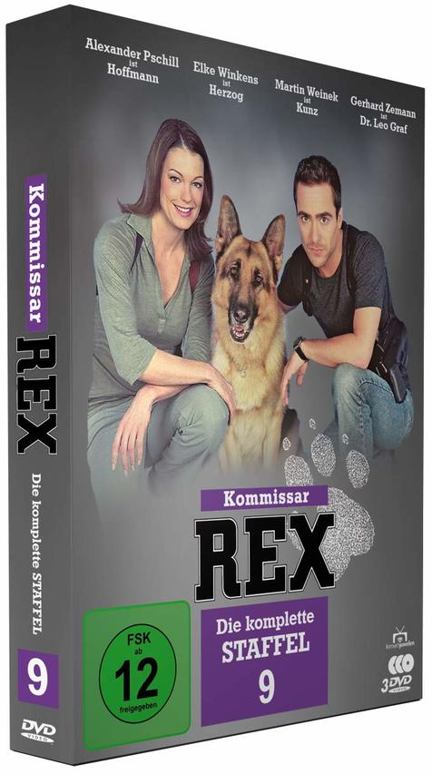 DVD-Cover: Eine Frau und ein Mann mit einem Hund. Der Titel lautet Kommissar Rex, Die Komplette Staffel 9.