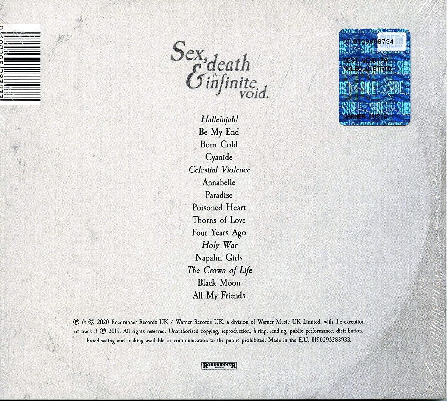 Rückseite einer CD mit Songtiteln, Bandnamen und einem Sicherheitsaufkleber.