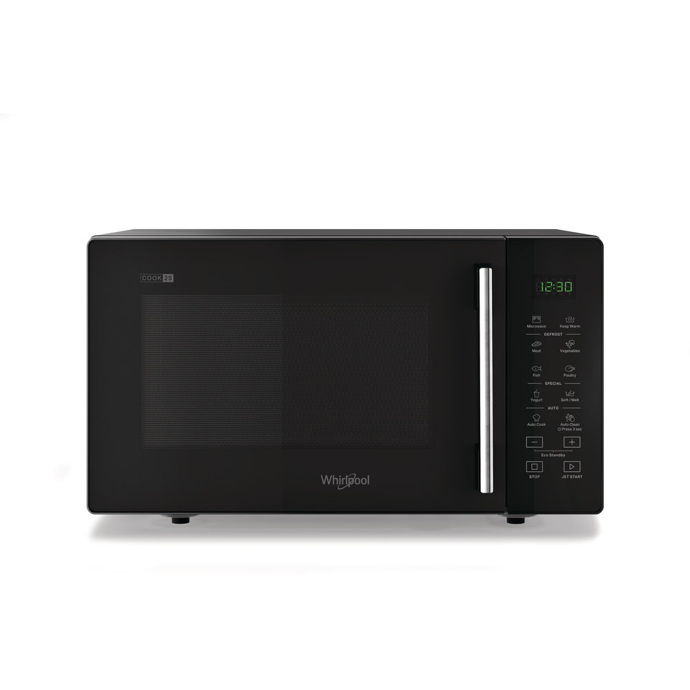 Zwarte magnetron met digitaal display en bedieningsknoppen. Het merk is Whirlpool.