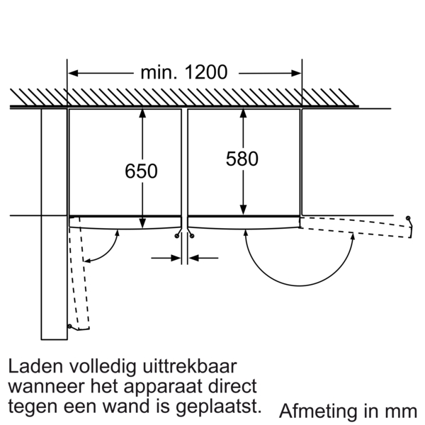 Diagram showing two cabinets with dimensions and a door opening.