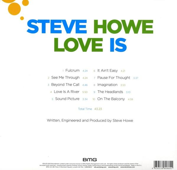 CD borító: A CD hátulja kék és zöld szöveggel. A cím Steve Howe Love Is.