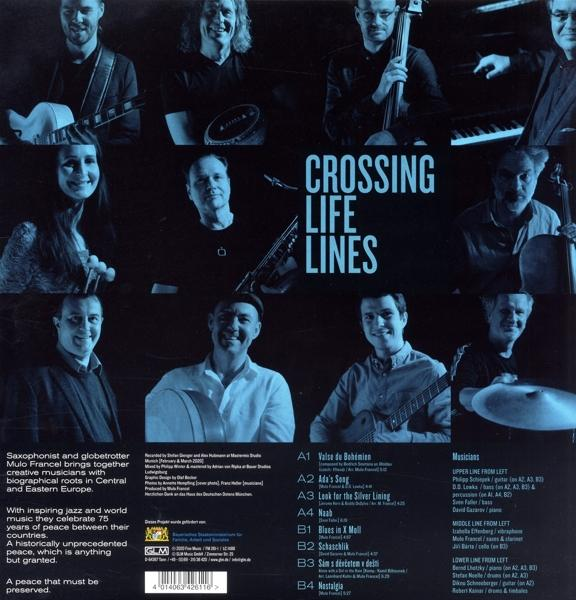 Album-Rückseite mit Text und Bildern von Musikern. Der Text enthält Songtitel und Künstlernamen.