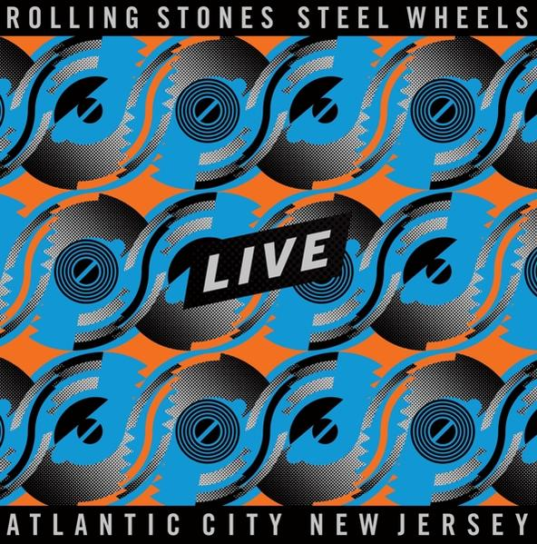 Pochette d'album des Rolling Stones. Design de disque bleu et noir sur fond orange, texte 'LIVE'.