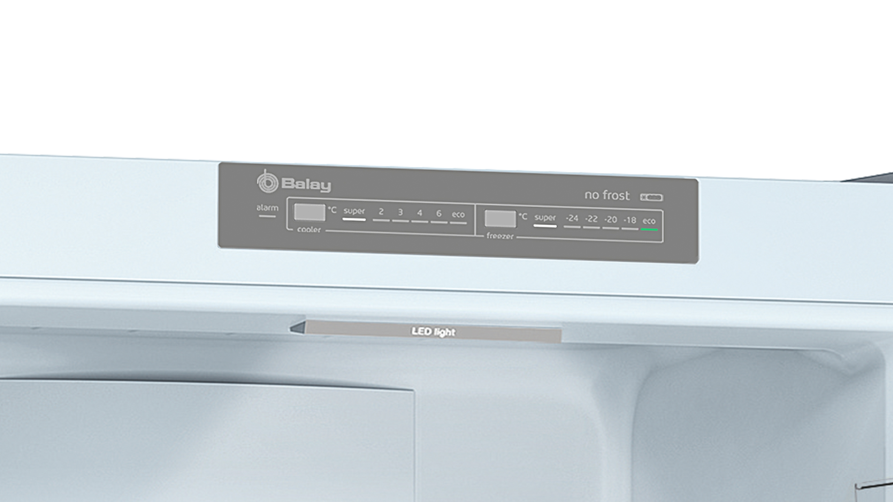 Panel de control del refrigerador con ajustes de temperatura e iluminación LED.