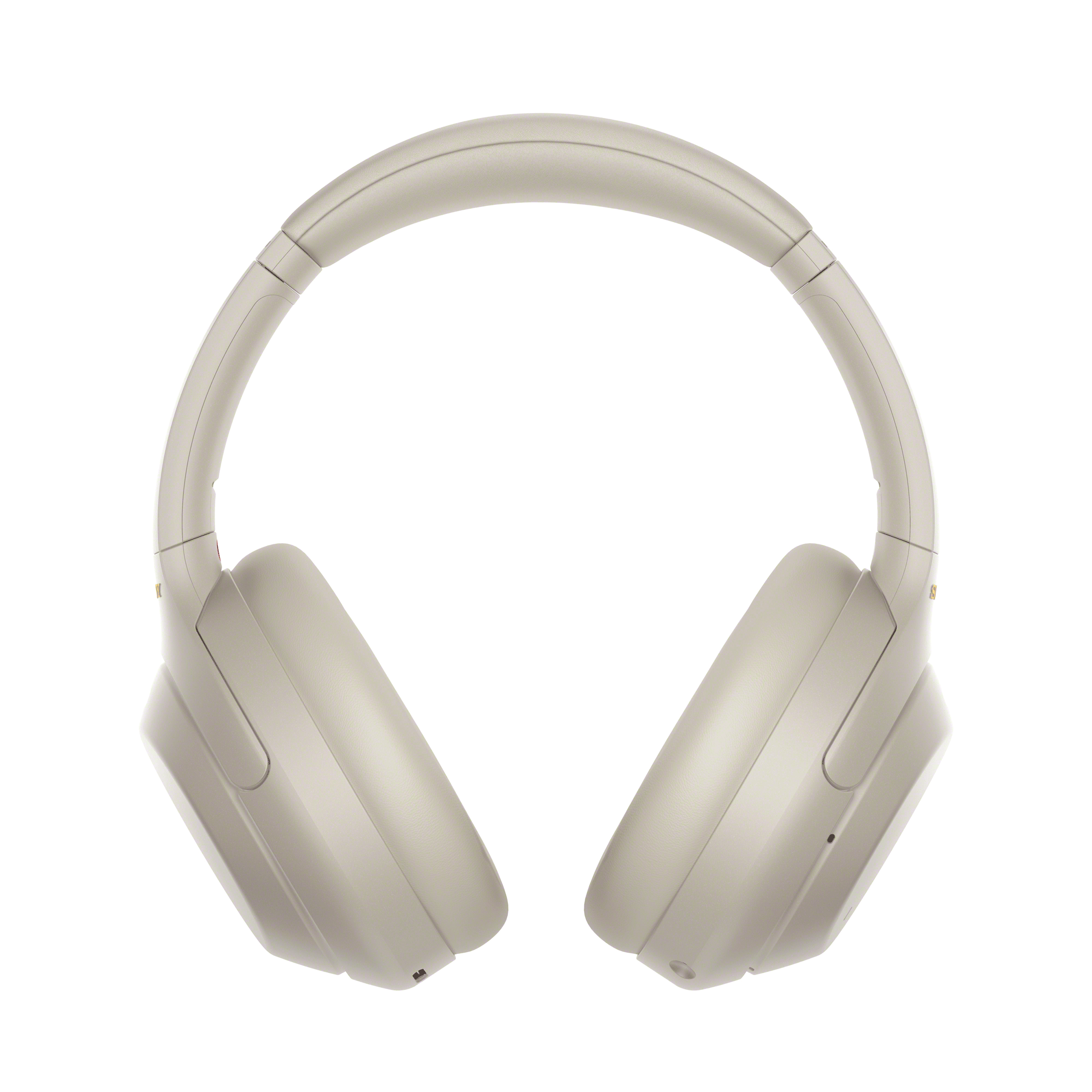 Beige Sony hoofdtelefoon op een witte achtergrond. De hoofdtelefoon is open en klaar voor gebruik.