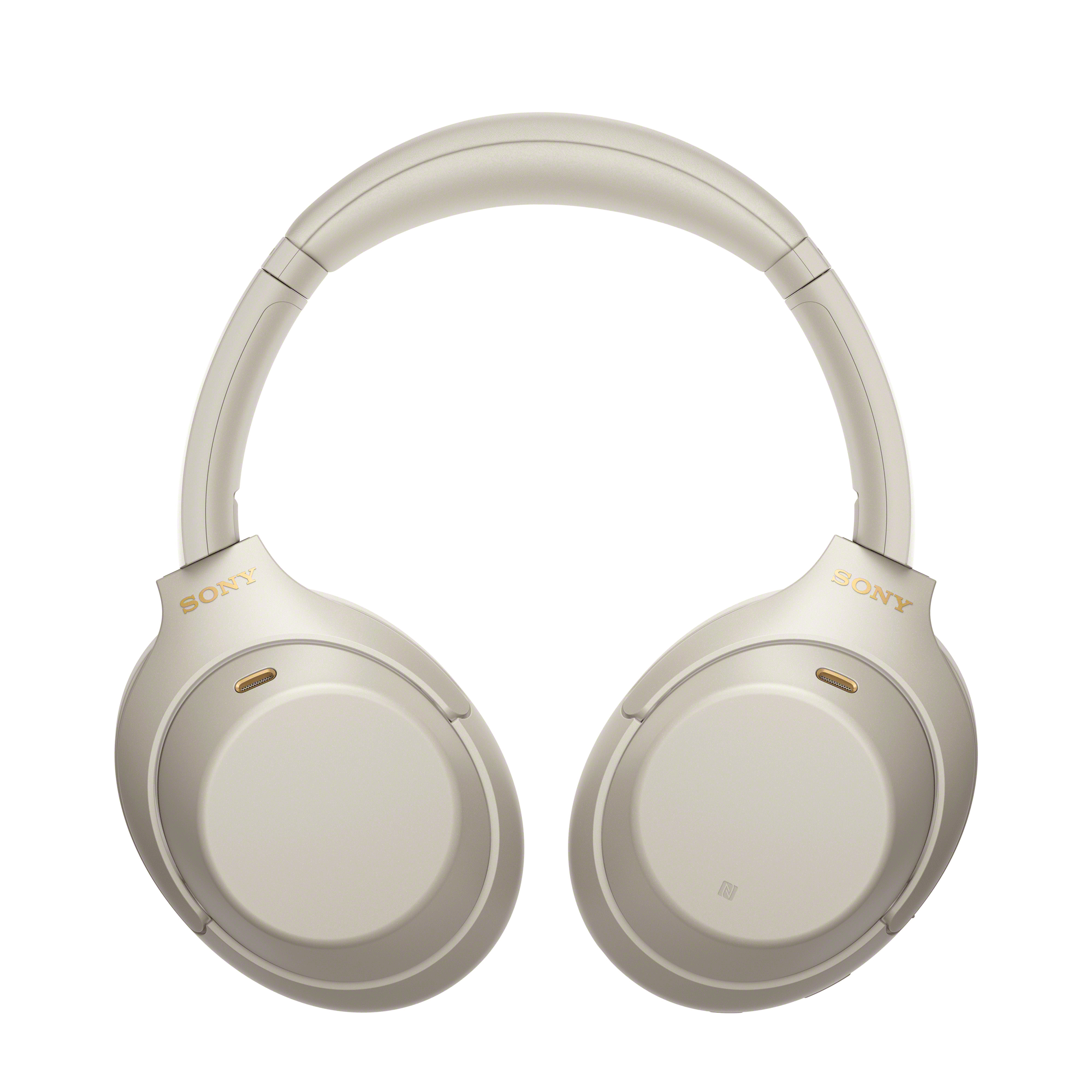 Grijze koptelefoon met ronde oorschelpen, witte hoofdband en gouden accenten. Sony-logo zichtbaar.