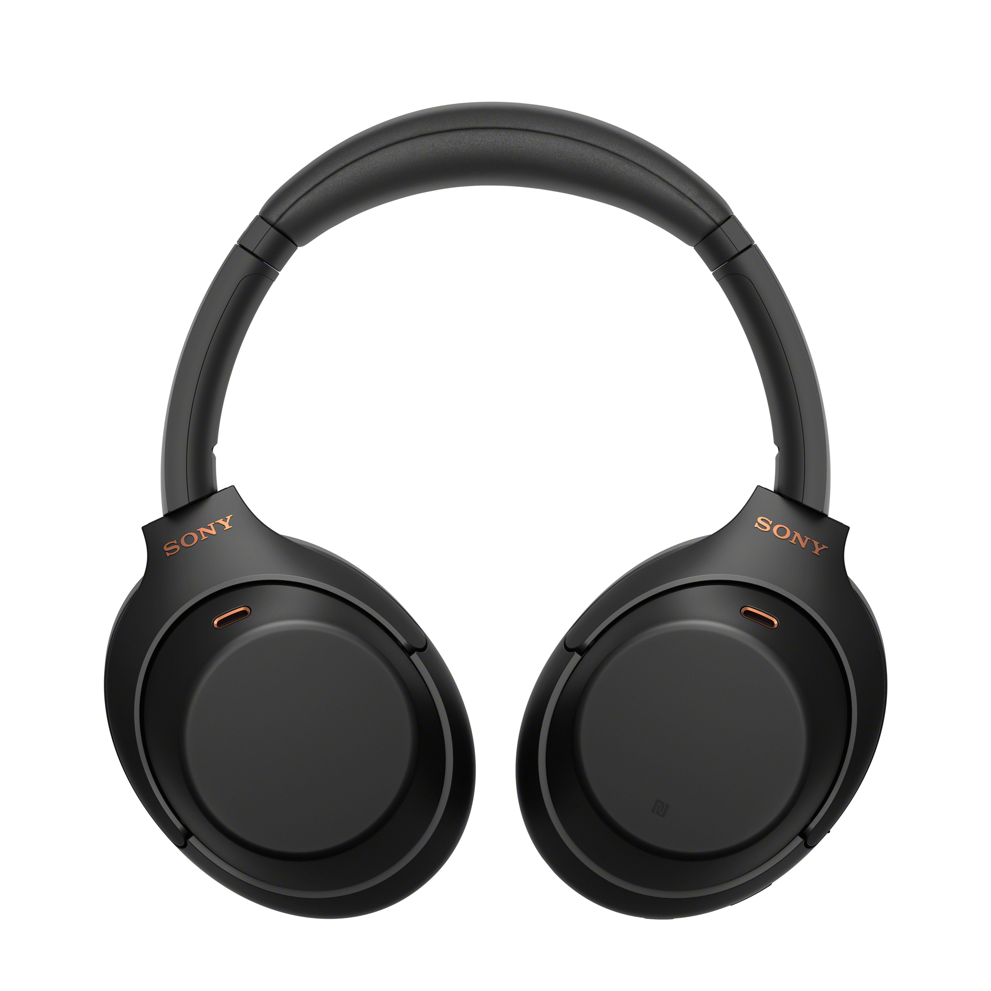 Black Sony headphones, front view on a white background.