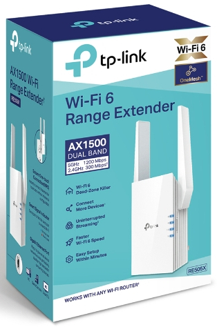Une boîte d'extension de portée Wi-Fi 6 tp-link avec un extenseur blanc et des antennes, sur fond blanc.