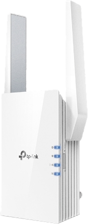 Répéteur WiFi TP-Link blanc avec deux antennes. Il a des lumières bleues et un bouton d'alimentation sur le côté.