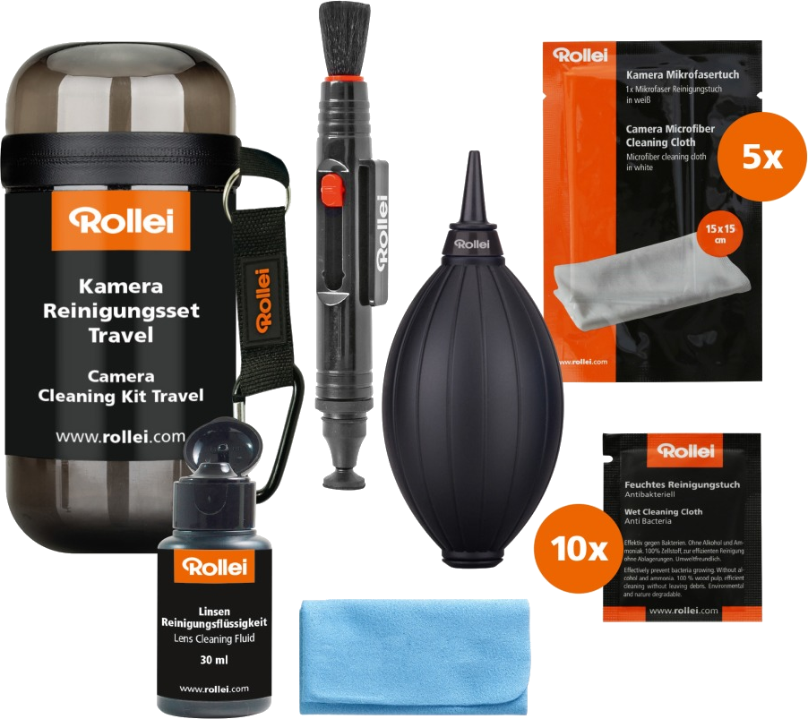 Rollei Kamera-Reinigungsset, enthält verschiedene Reinigungswerkzeuge und Flüssigkeiten.