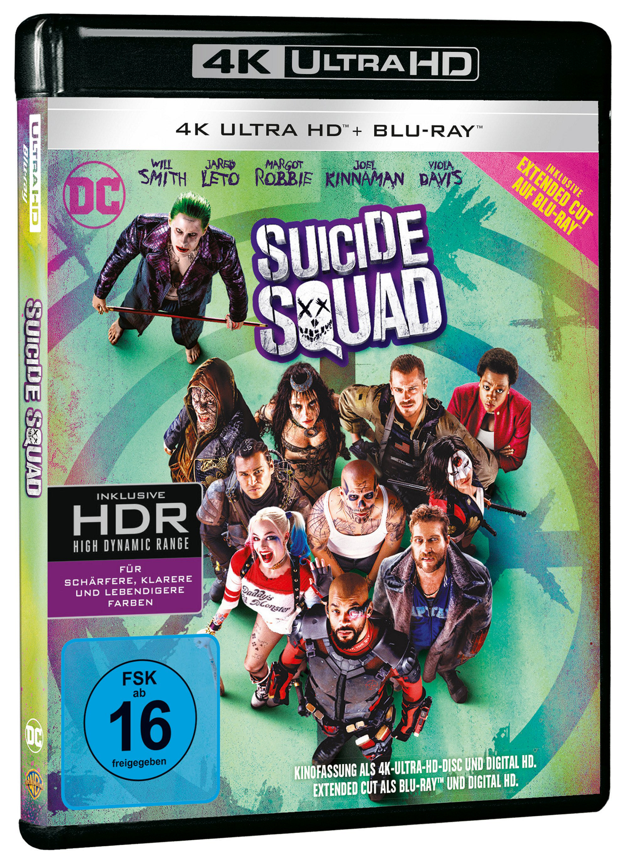 Eine Blu-ray-Hülle mit mehreren Schauspielern darauf. Das Cover ist farbenfroh mit dem Suicide Squad-Logo.
