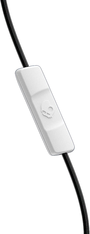 Fehér beépített vezérlő Skullcandy fejhallgatókhoz, fekete kábelen.
