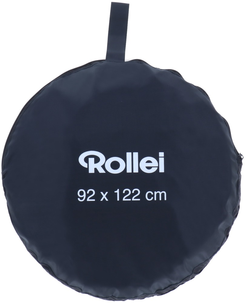 Schwarzer, gefalteter, runder Reflektor mit weißem Rollei-Text und Abmessungen.