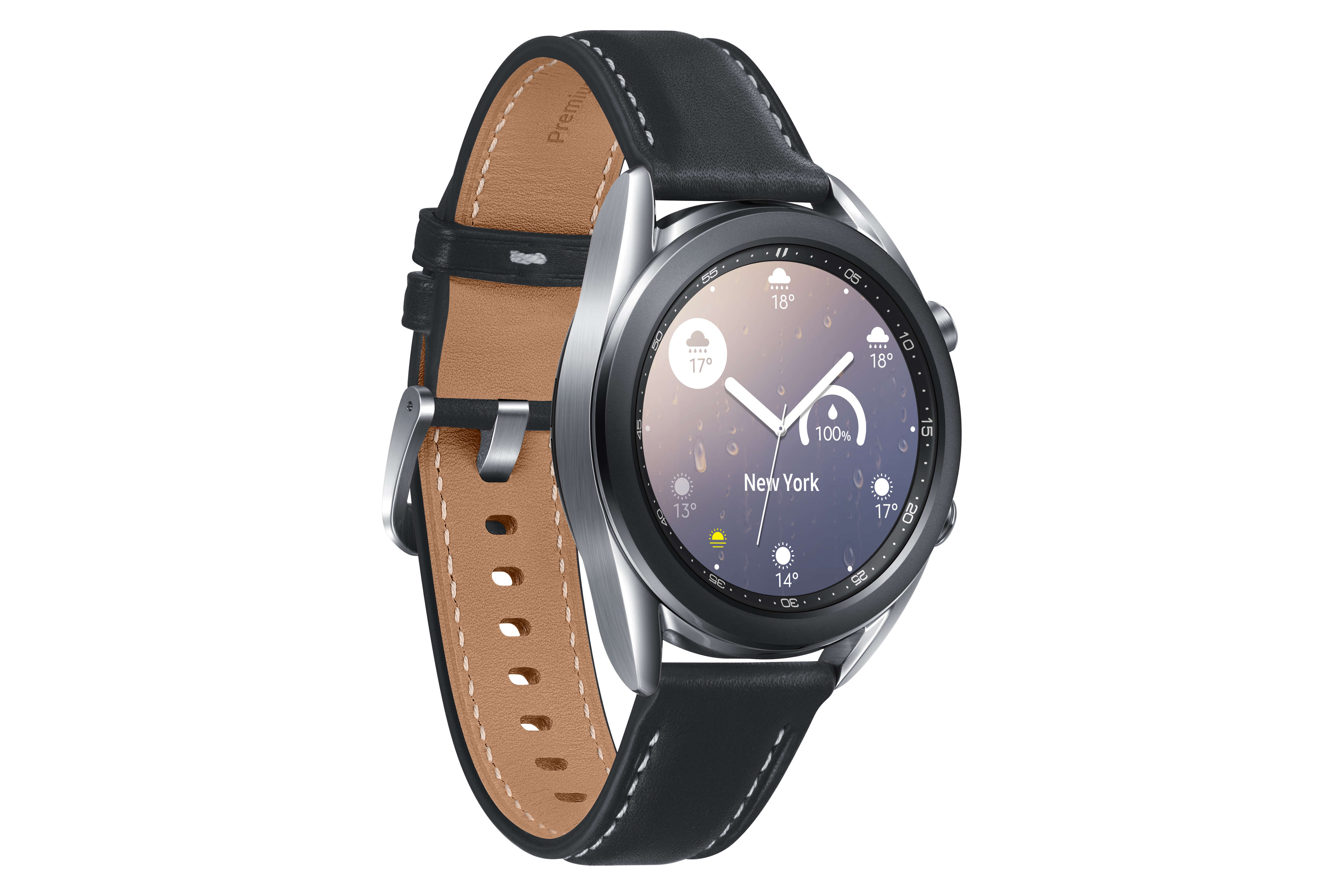Egy Samsung Galaxy Watch 3 fekete bőrszíjjal, időjárás információt mutat.