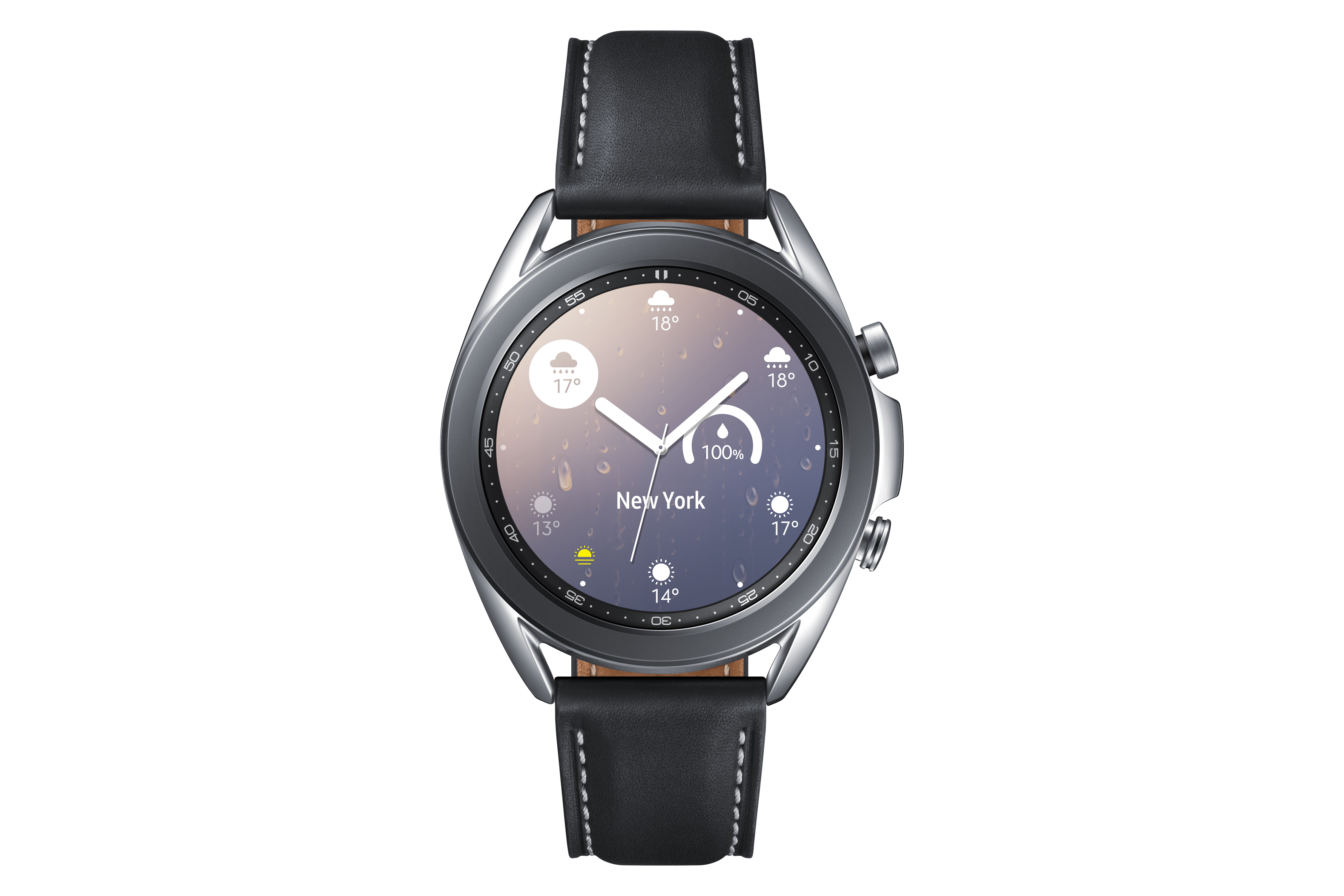 Samsung Galaxy Watch 3 a csuklón, fekete szíjjal, New York időjárását és idejét mutatja.