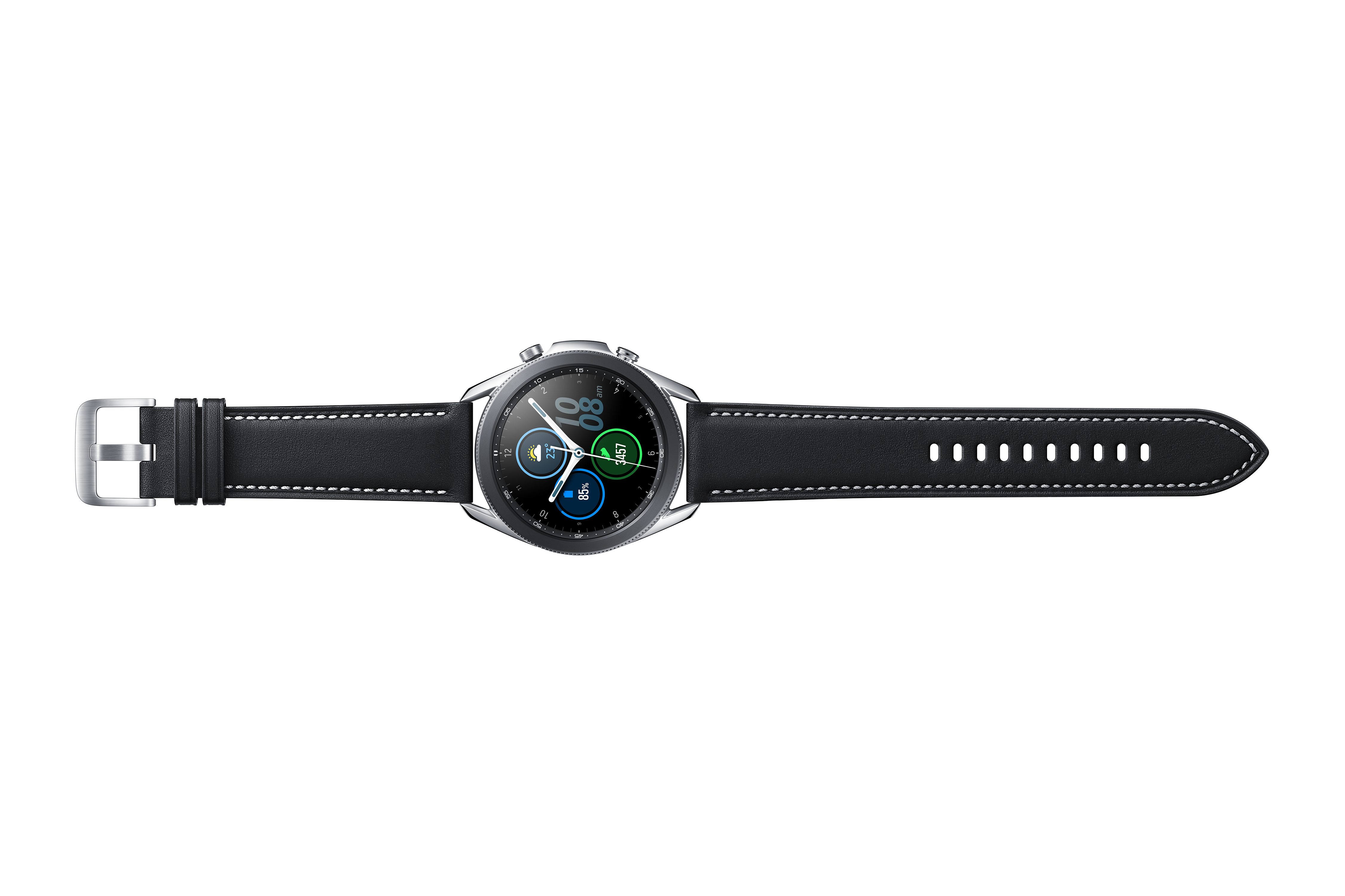 Egy fekete bőr Samsung okosóra ezüst kerettel, fehér háttérrel.
