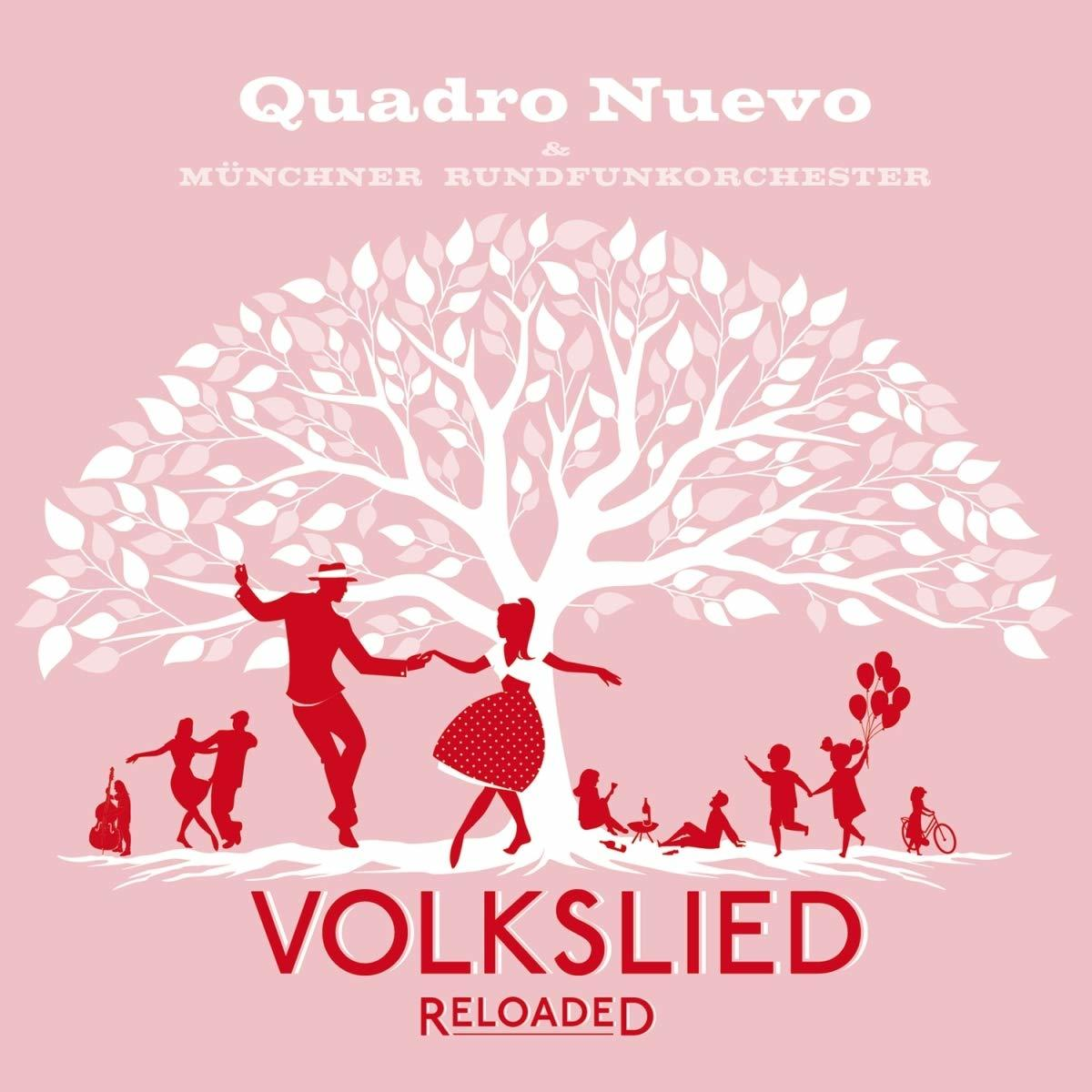 Albumcover mit einem weißen Baum und tanzenden Menschen. Rosa Hintergrund.