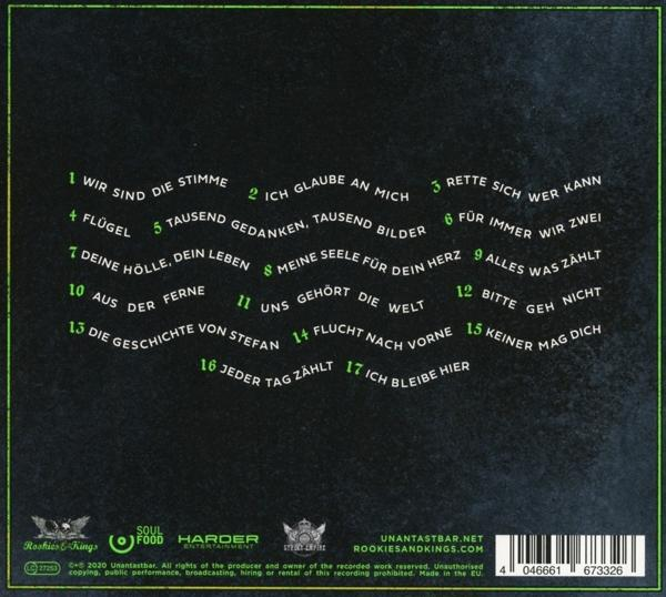 Rückseite einer CD mit grünem Text, einschließlich Songtiteln und einem Logo.