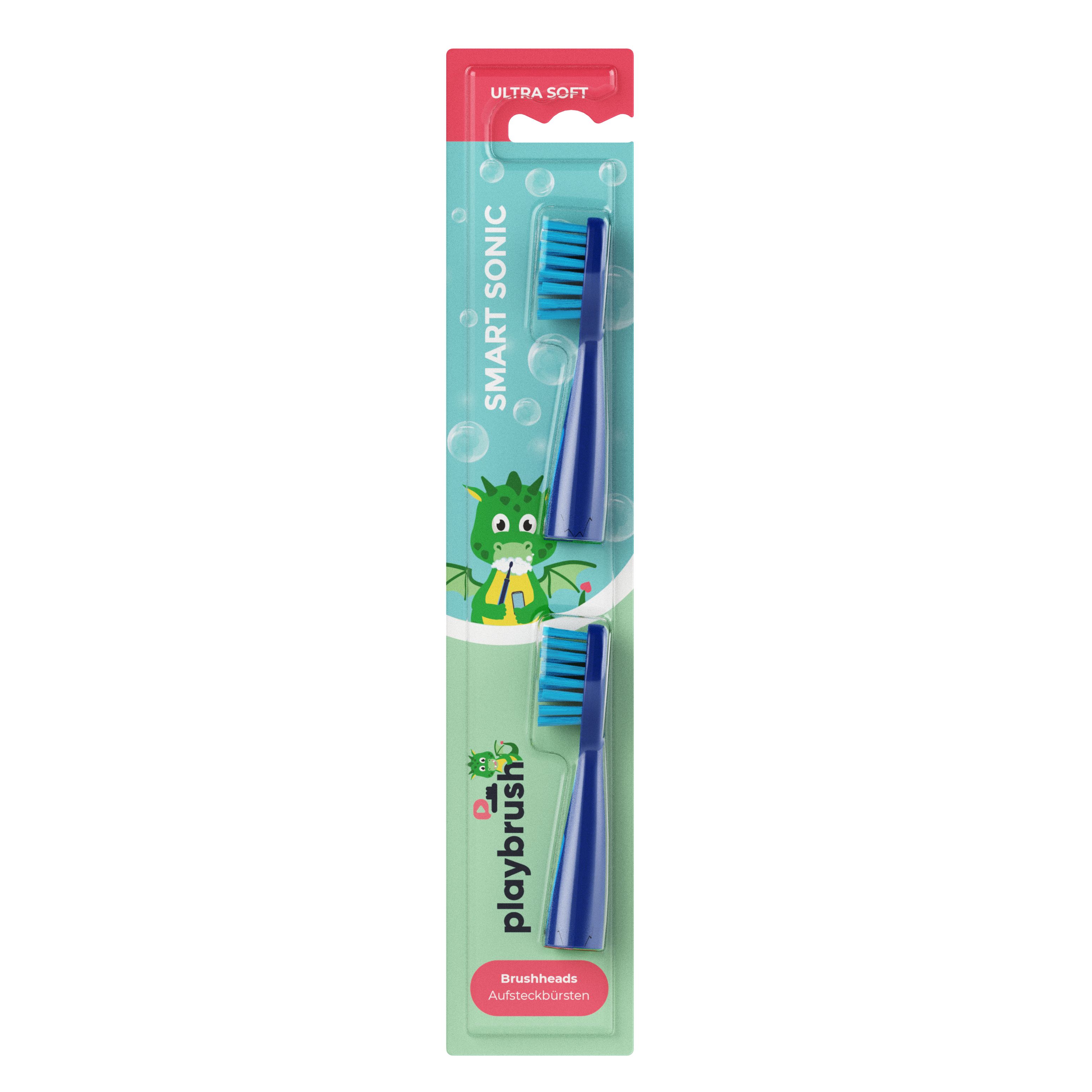 Zwei blaue Zahnbürstenköpfe mit blauem Griff, Verpackung zeigt einen Zeichentrickdrachen.