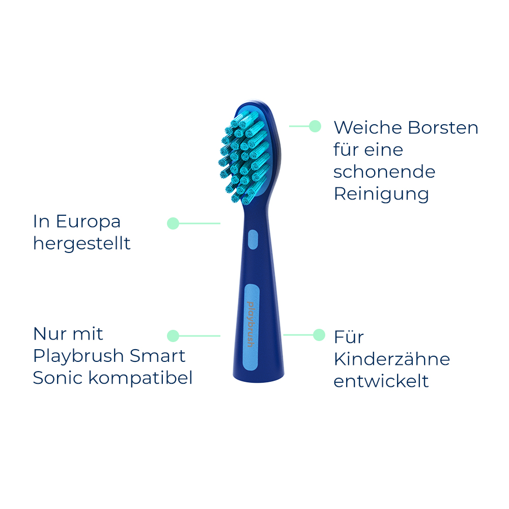 Blauer und dunkelblauer Zahnbürstenkopf mit Textetiketten. Für Kinderzähne.