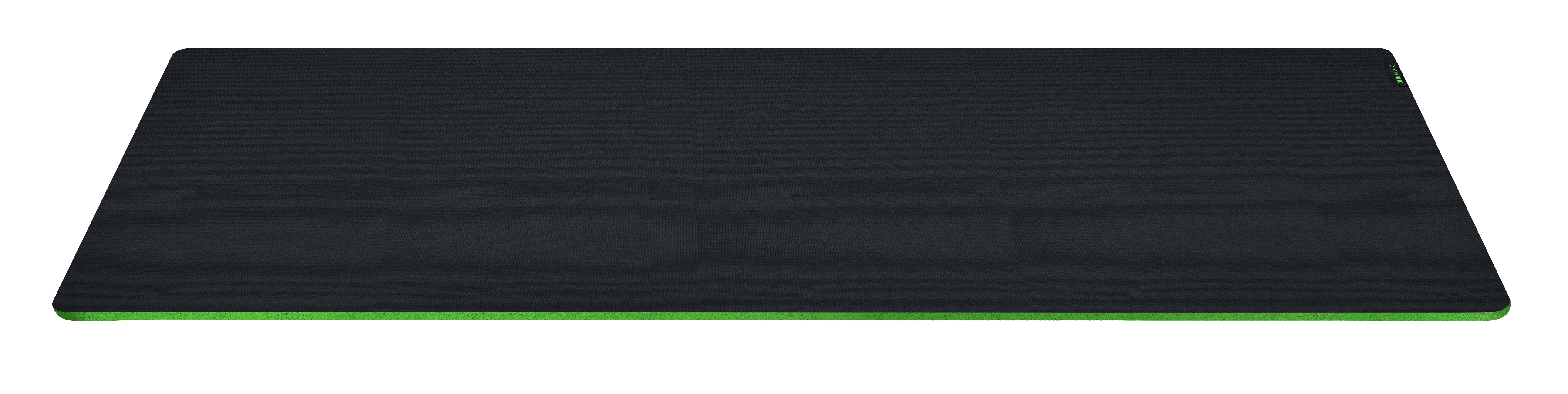 Ein schwarzes, langes Razer Gaming-Mauspad auf weißem Grund. Grüner Rand.