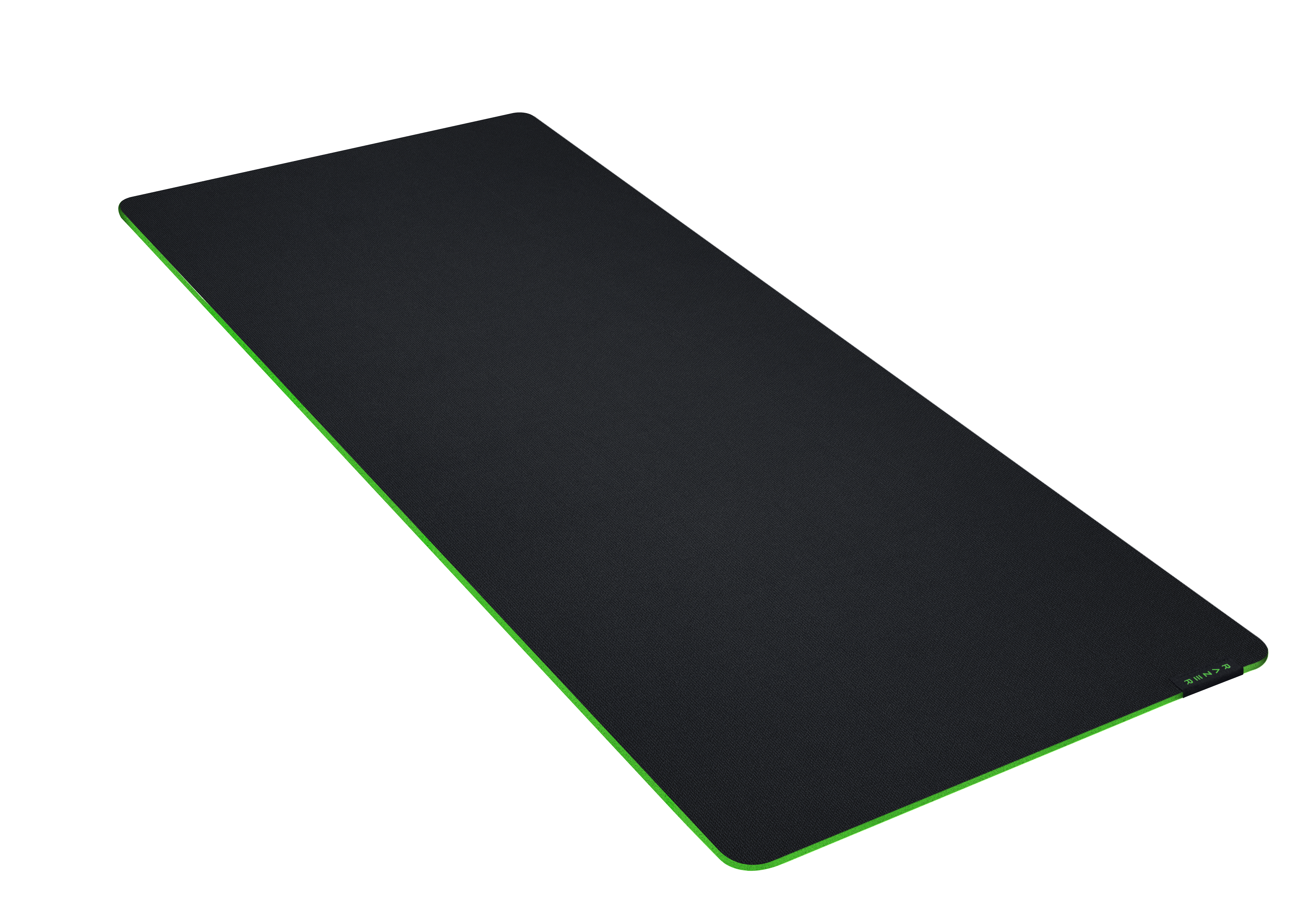 Ein schwarzes Mauspad mit grünem Rand, rechteckige Form.
