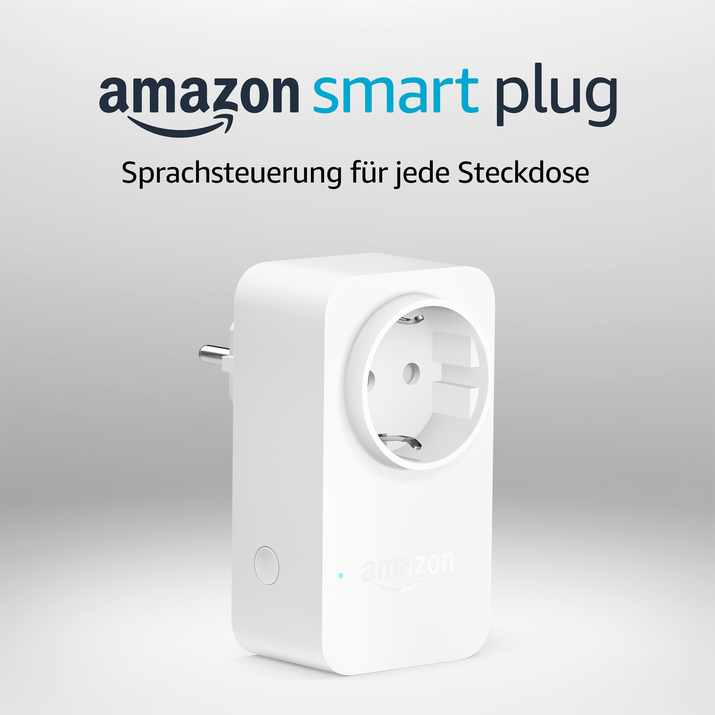 Weißer Amazon Smart Plug mit Amazon-Logo und Text auf Deutsch.