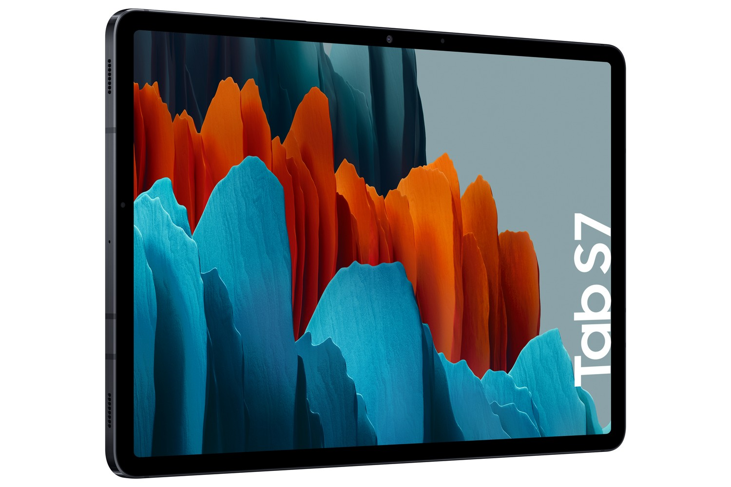 Tableta Samsung Galaxy Tab S7 con un paisaje abstracto y vibrante en la pantalla.