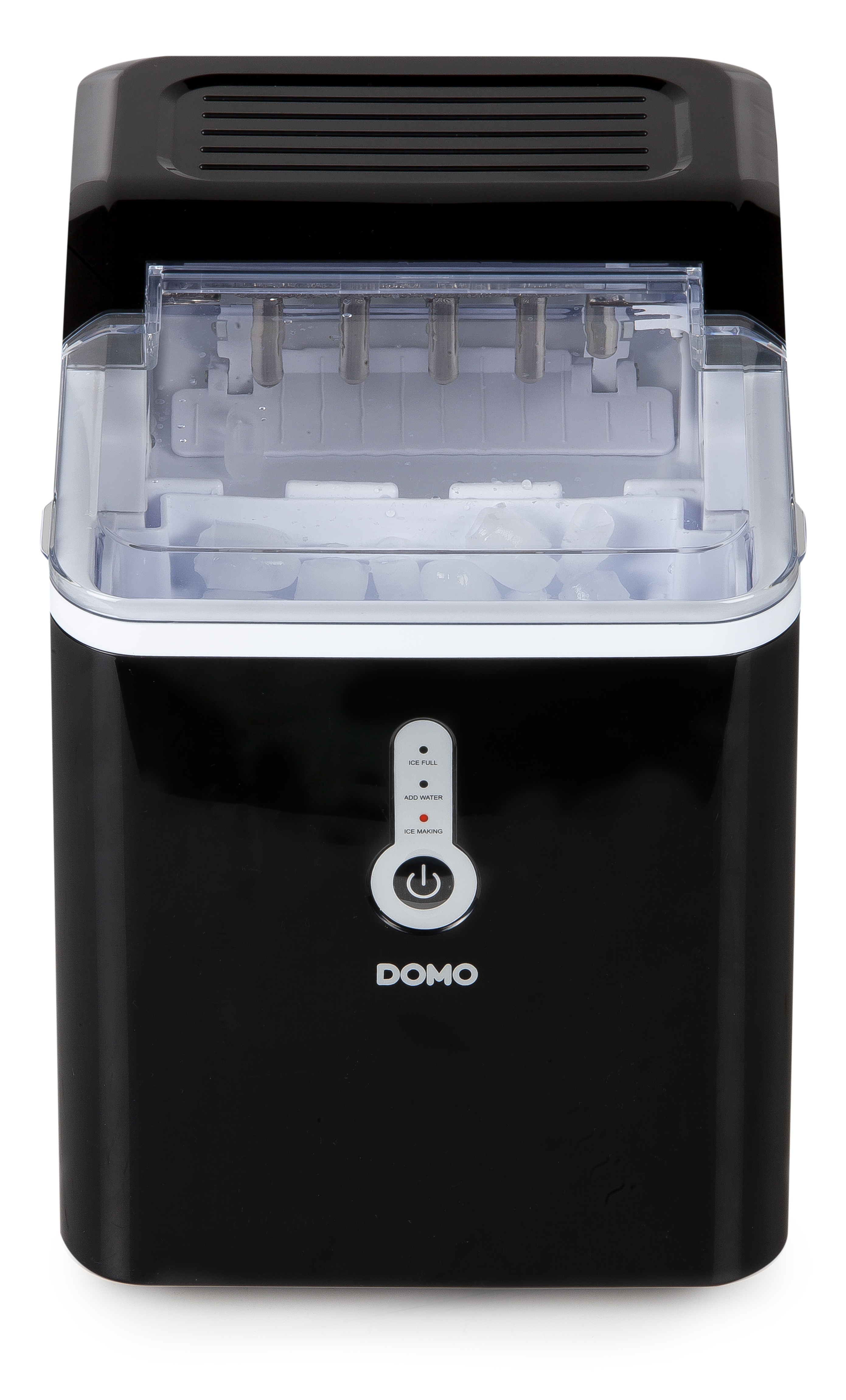 Black and white ice maker machine with an open top revealing ice cubes.