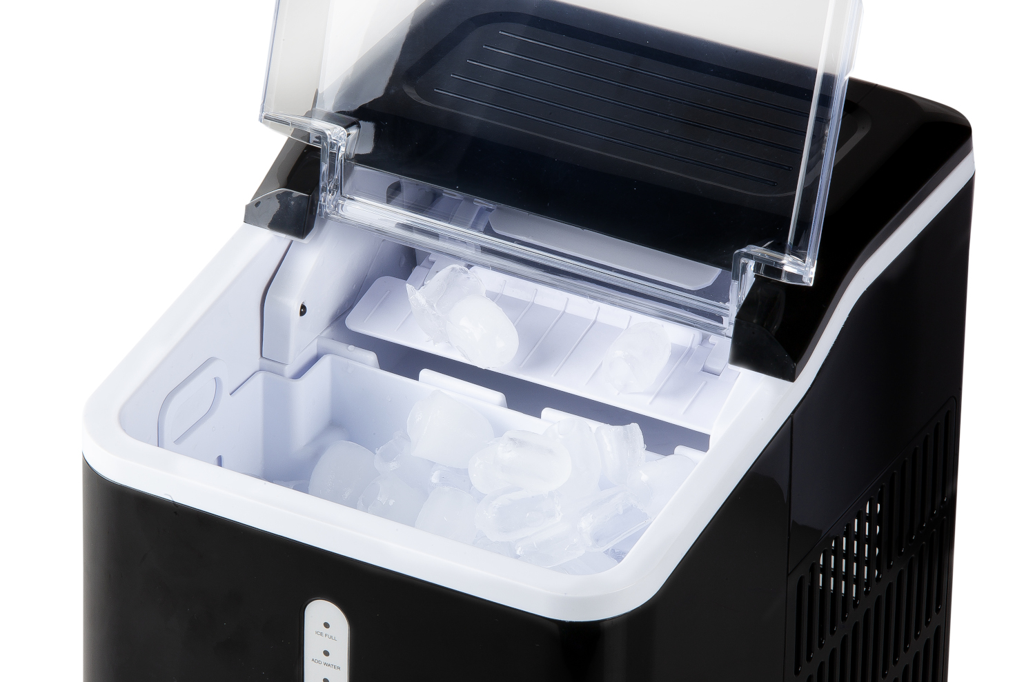 Black and white ice maker, with the lid open and ice cubes inside. White background.