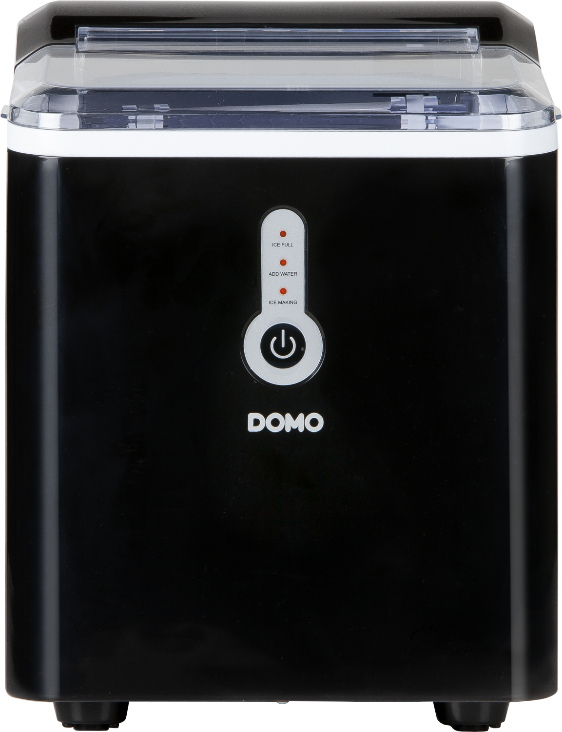 A black ice maker with a transparent top and control panel. The brand DOMO is visible.