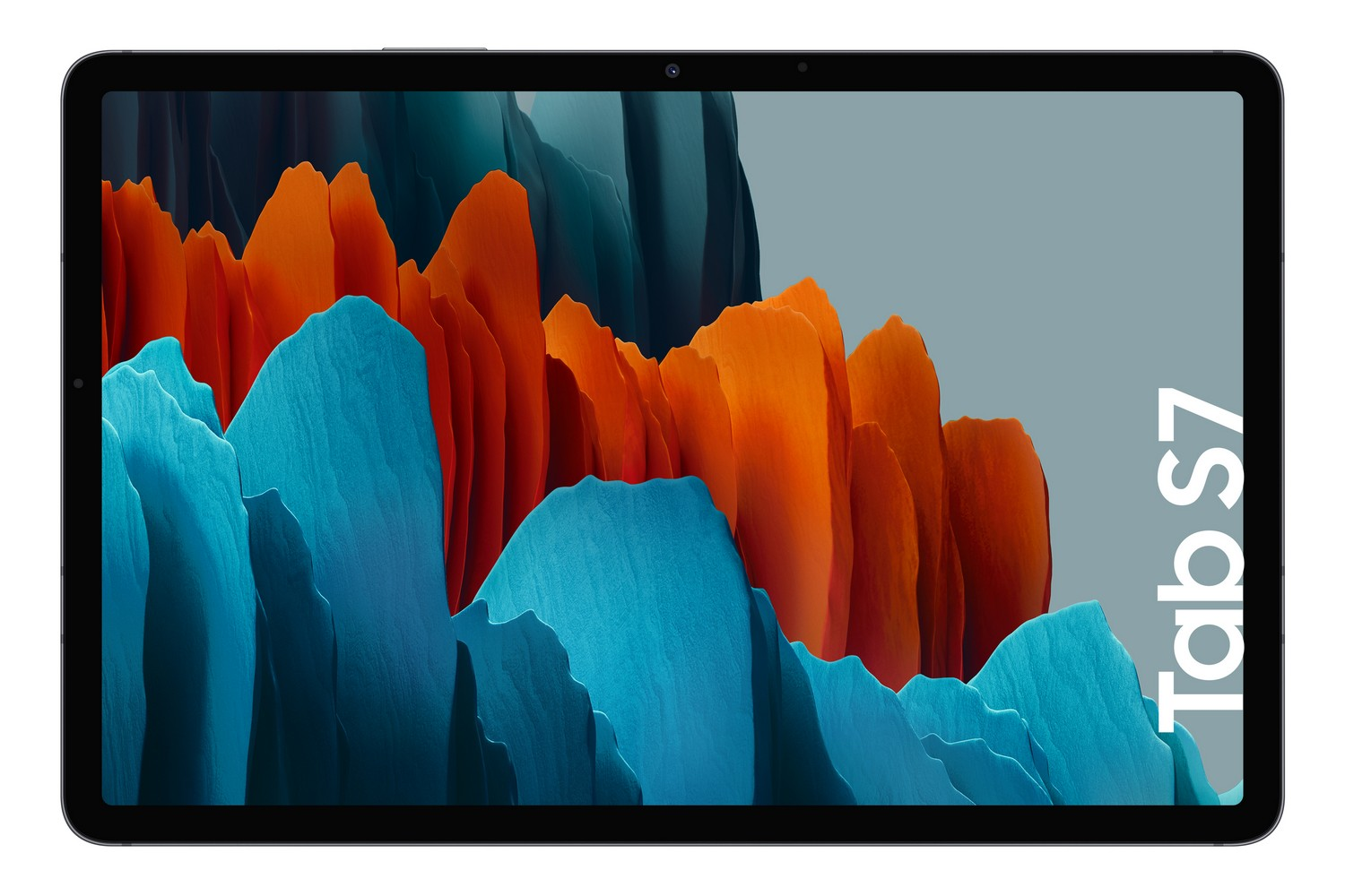 Tableta negra con pantalla que muestra formas abstractas naranjas y azules.