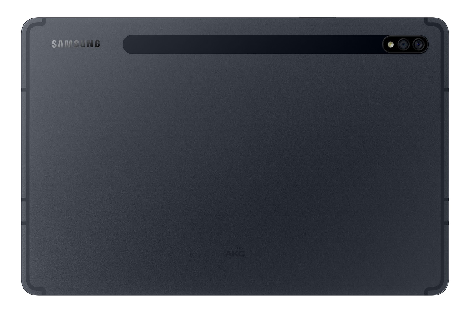Parte trasera de tableta gris oscuro con logo Samsung, cámara y marca AKG.
