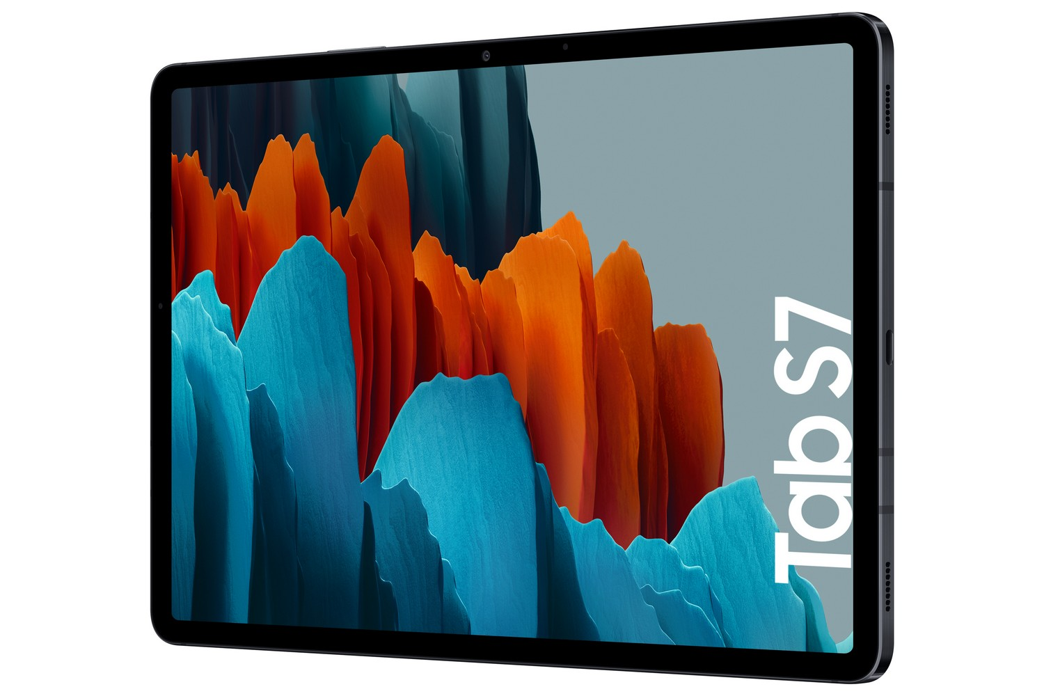 Tableta negra con pantalla mostrando imagen abstracta en azul y naranja, y el texto Tab S7.