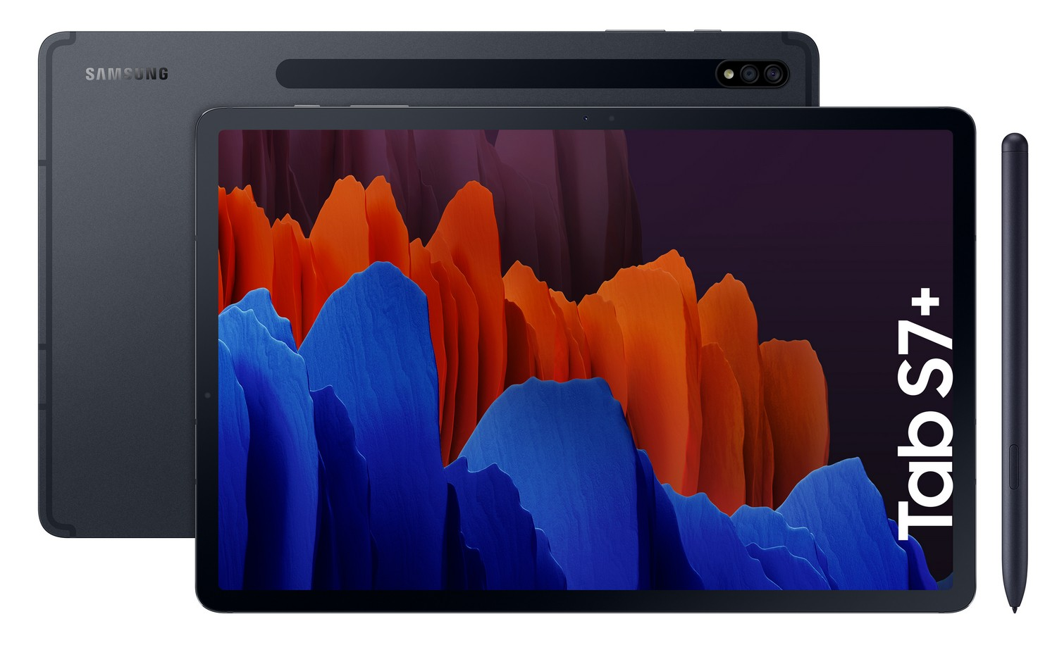 Tableta Samsung Tab S7+ con un lápiz óptico, mostrando frente y parte trasera.
