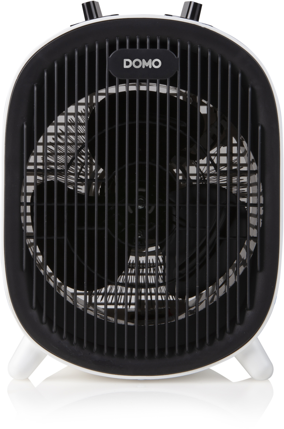 A white and black DOMO heater. It has a black grill and a fan is visible inside.