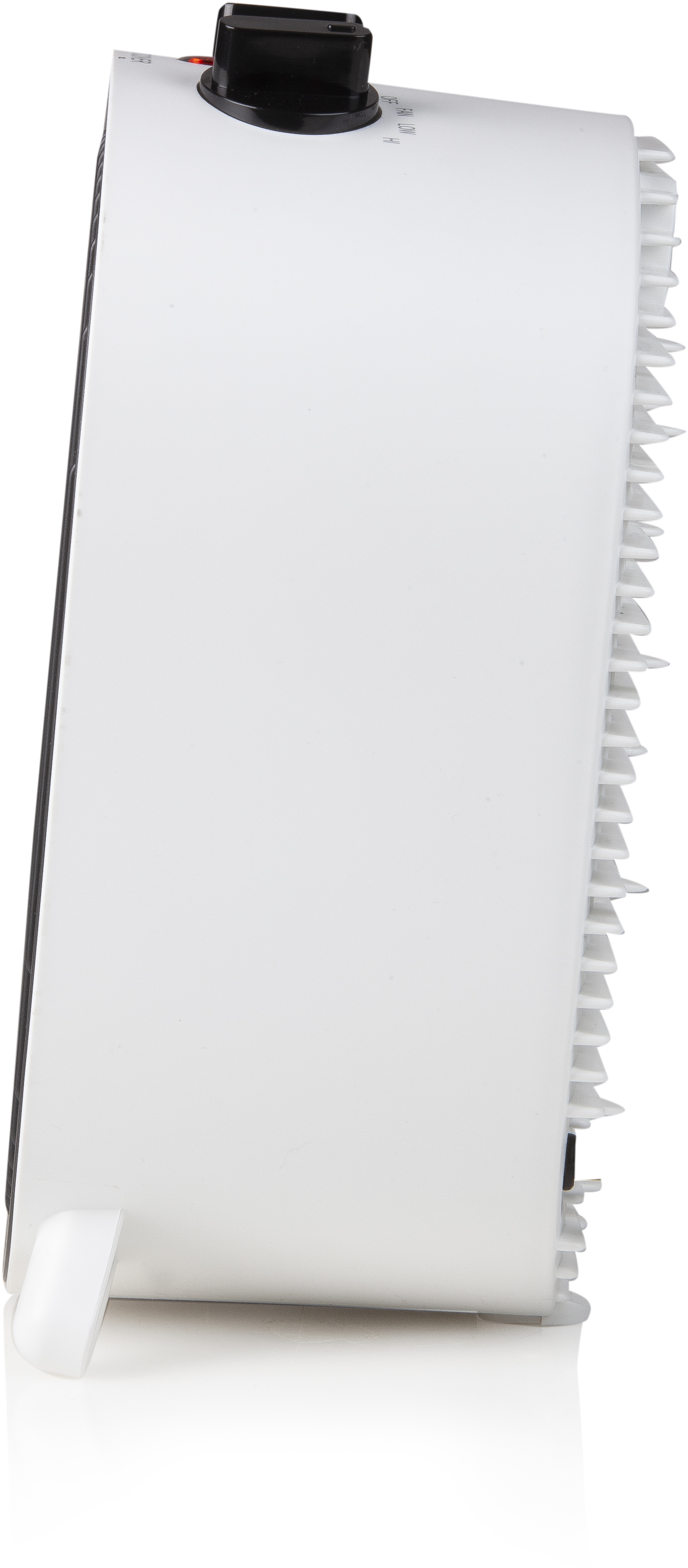 A white, side view of a small heater, with a black top and control knob.