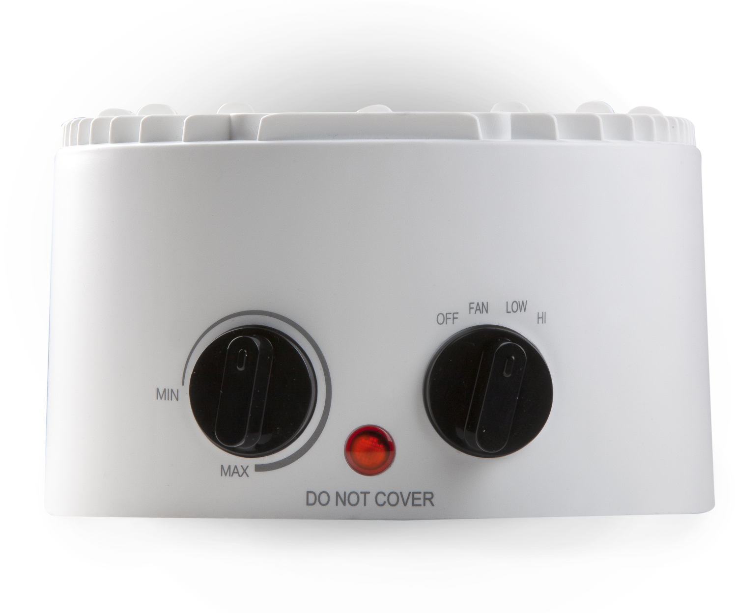 White device with two black knobs and a red light, labeled for fan control.