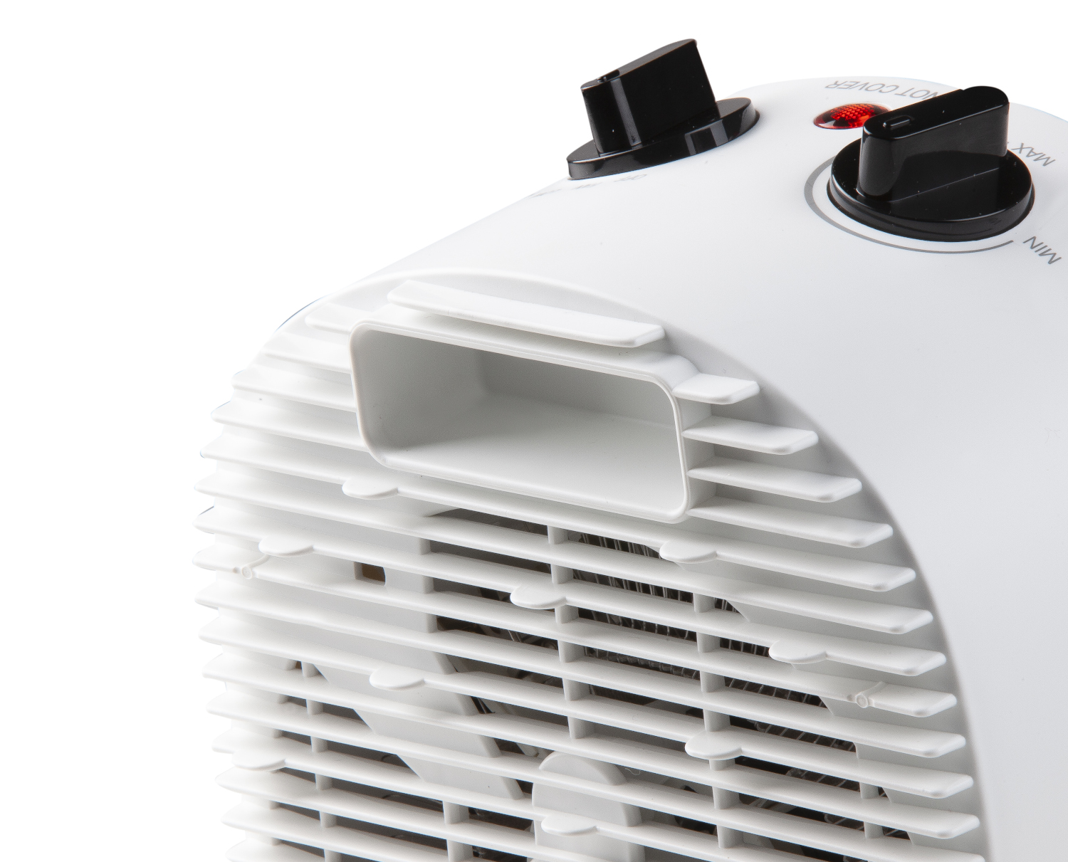 White space heater with a grill and controls. The heater is against a white backdrop.