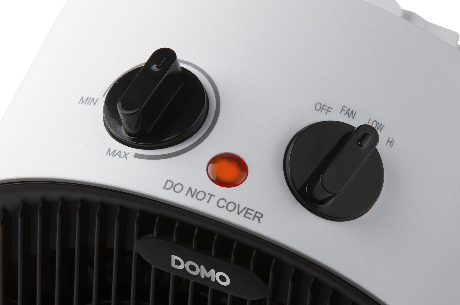 A white heater control panel. It has two dials and a red 'Do Not Cover' indicator light.