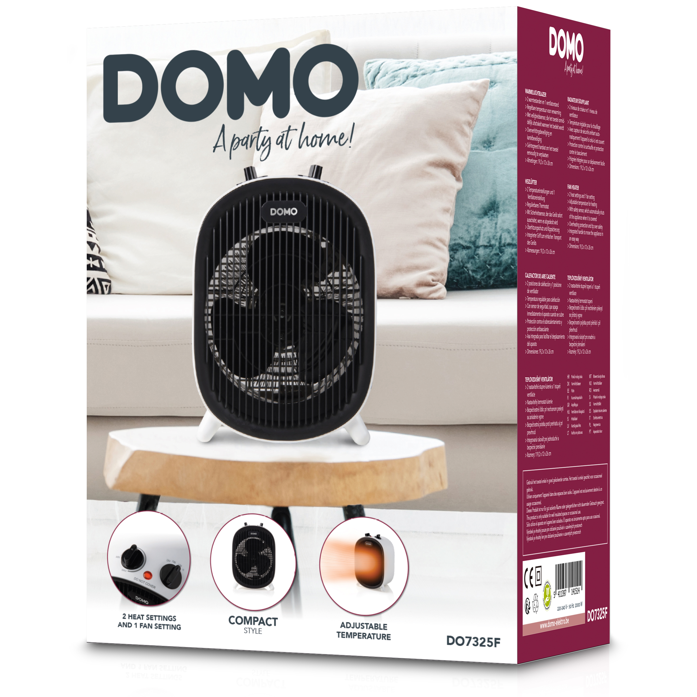White and black heater. Text: A party at home! Compact style, adjustable temperature, 2 heat settings.