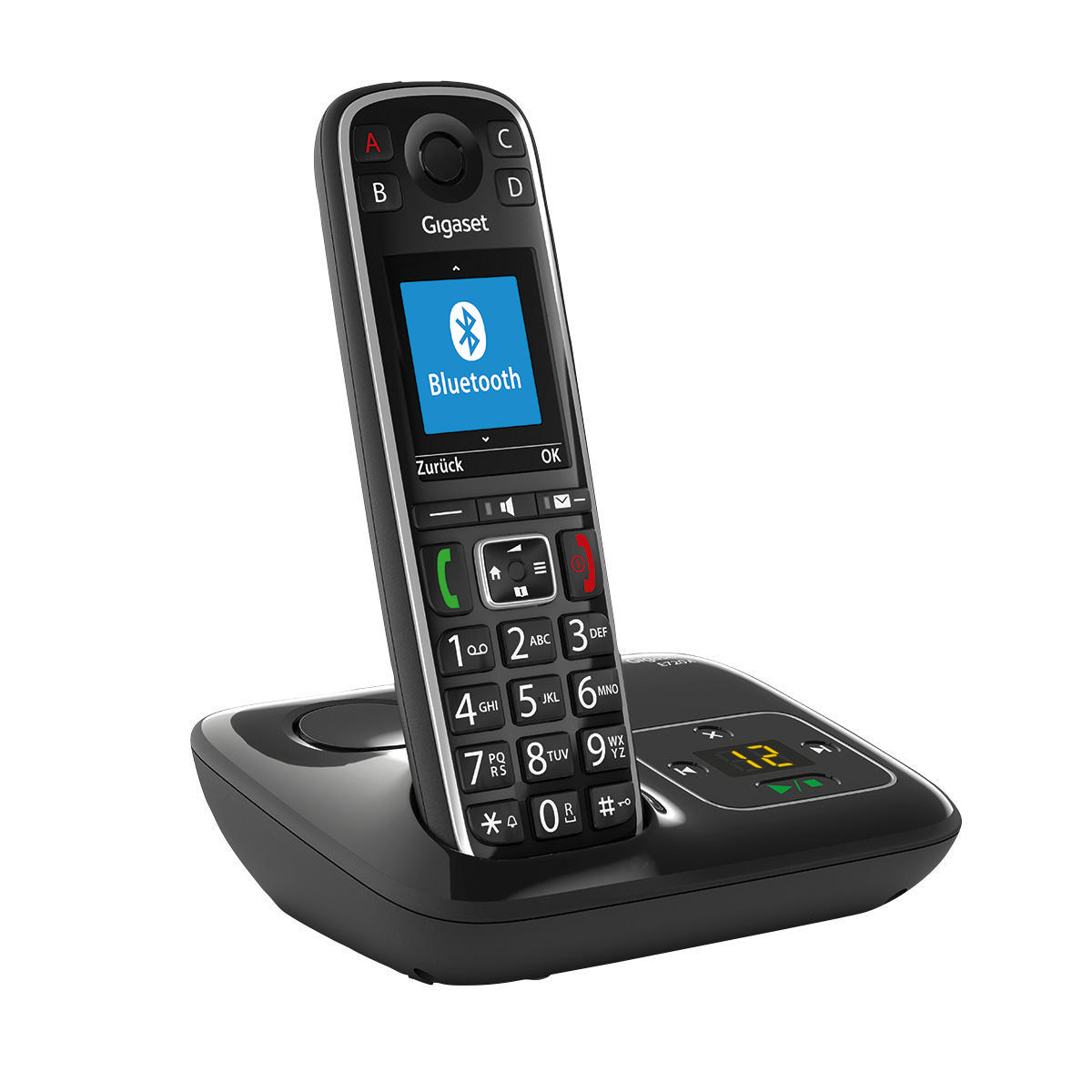 Schwarzes Gigaset schnurloses Telefon auf einer Basis. Der Bildschirm zeigt Bluetooth.