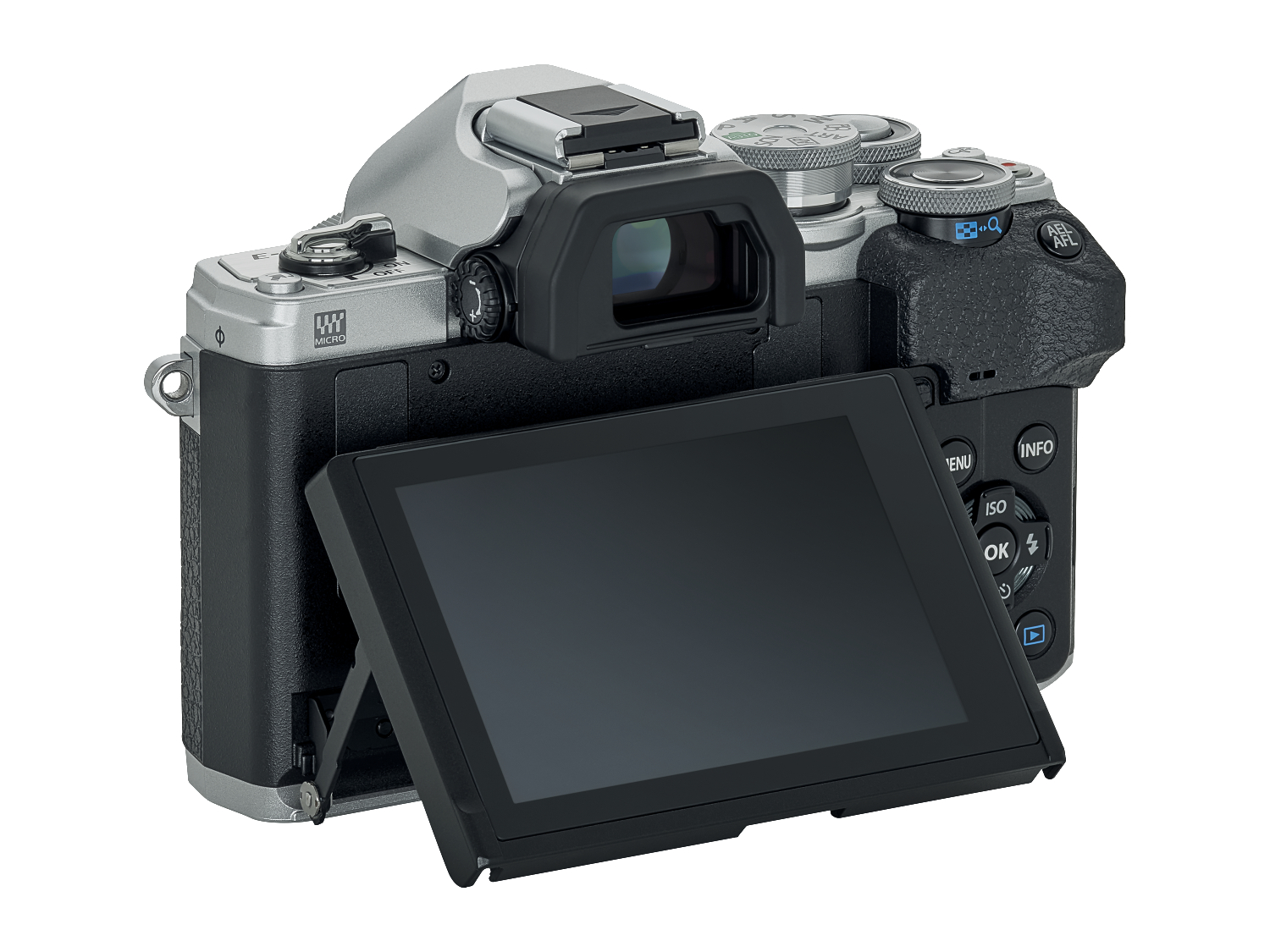 Silberne und schwarze Kamera mit geöffnetem LCD-Bildschirm, zeigt die Rückseite der Kamera.