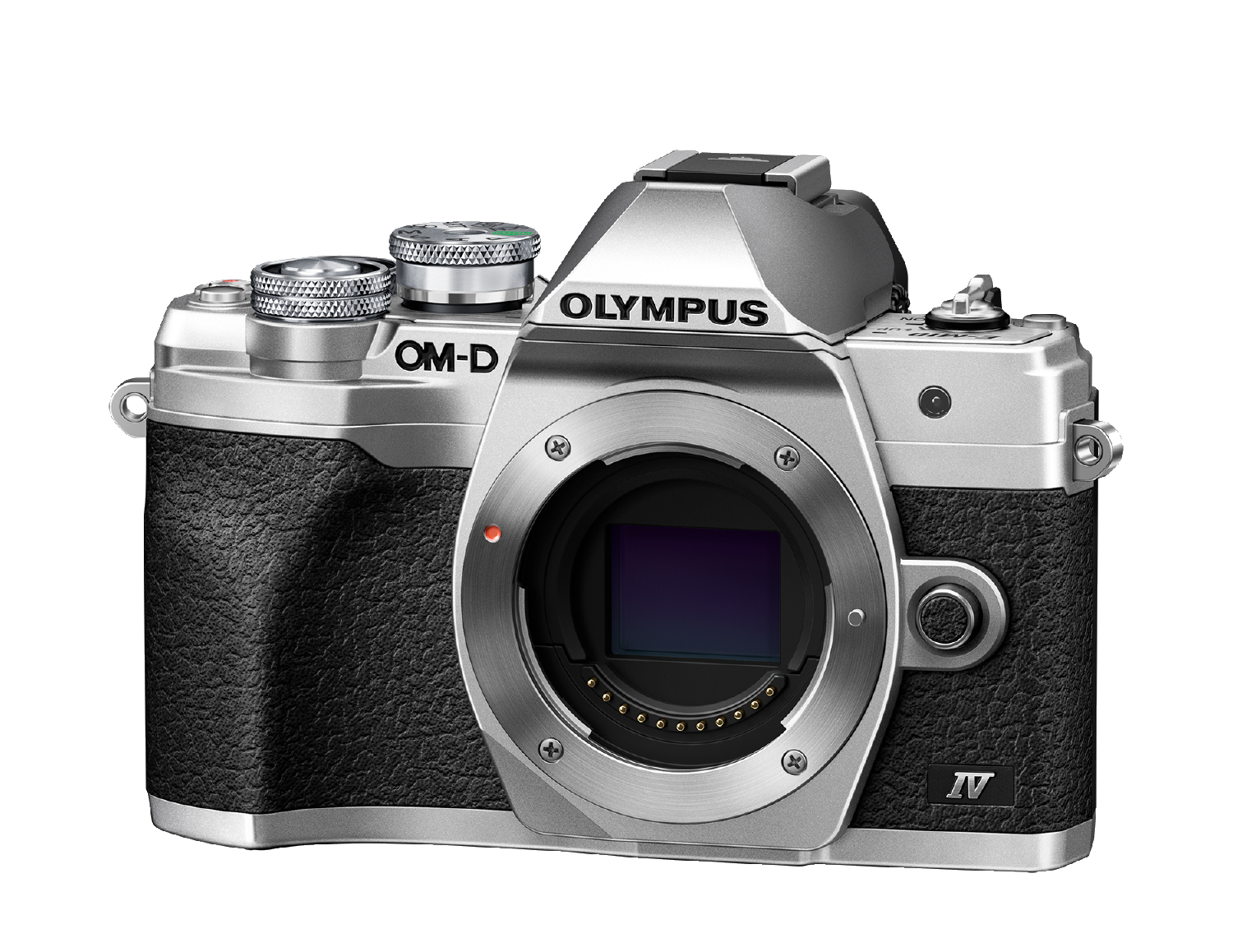 Eine silberne Digitalkamera mit Olympus-Objektiv, auf weißem Hintergrund.